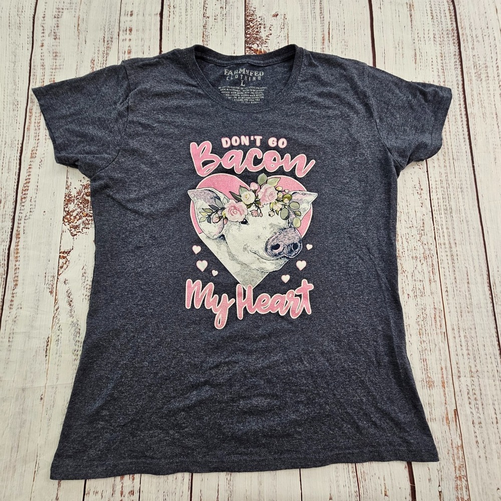 Don't Go Bacon My Heart Funny Blue‎ Short Sleeve Cotton Blend T-Shirt Women's L